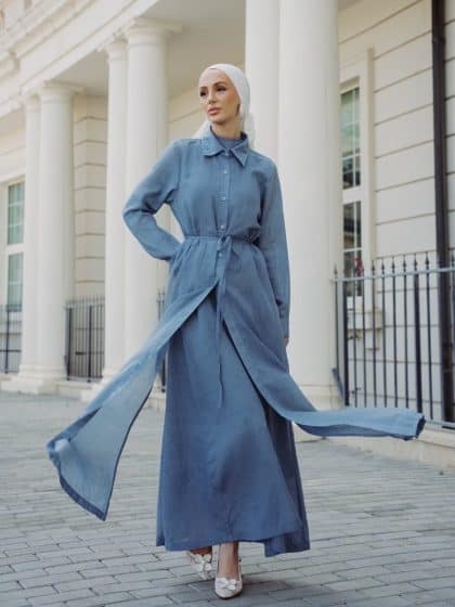 Piece Chambray Set – Tie - Waist Dress with Sleeveless Inner & Overshirt - afroda