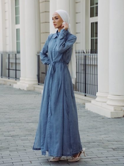 Piece Chambray Set – Tie - Waist Dress with Sleeveless Inner & Overshirt - afroda