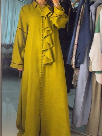 The Chartreuse Ruffled Shirt Abaya - afroda